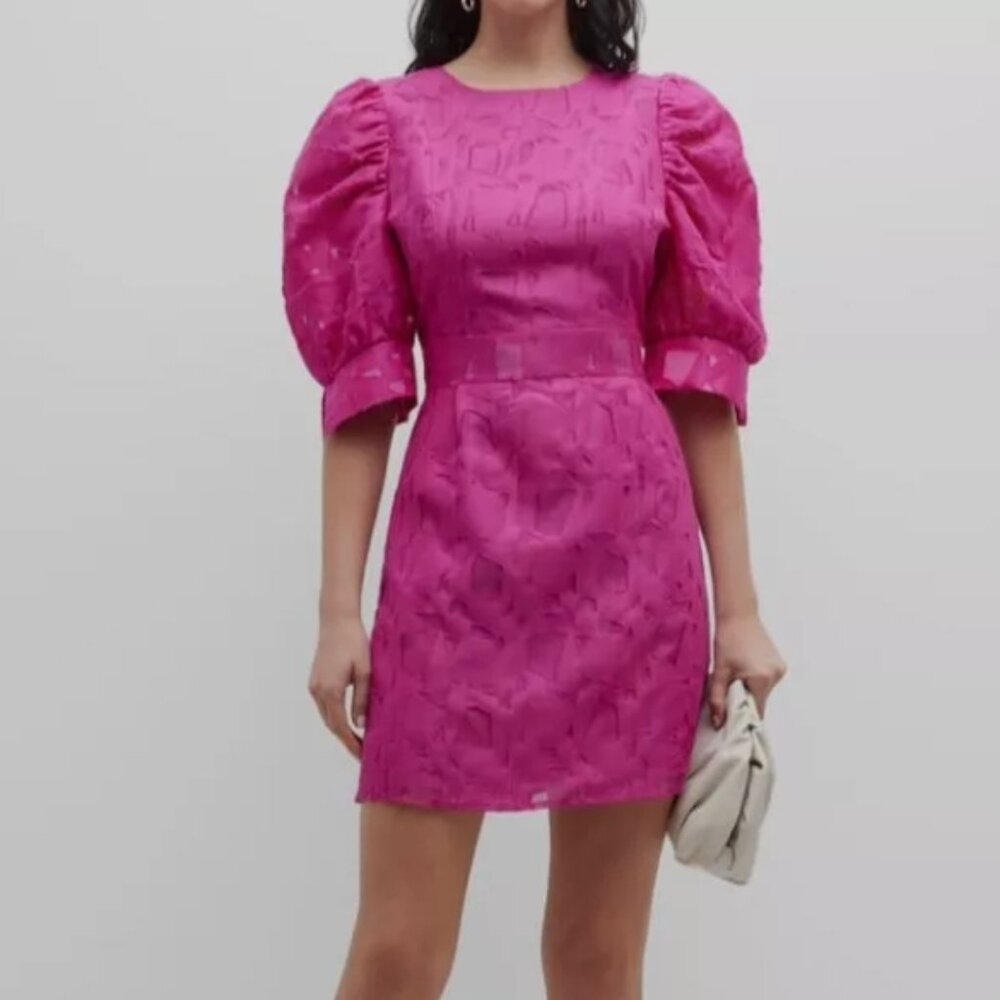 Marie Oliver Women's Pink Wool/Silk Burnout Puff-Sleeve Parker Mini Dress S $378